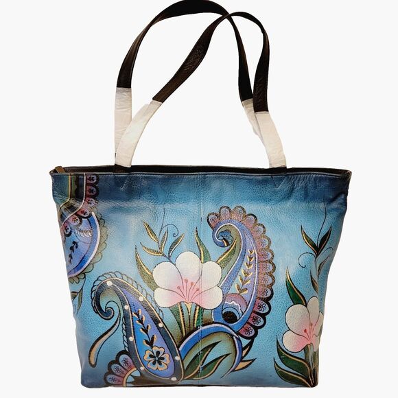 NWT ANUSCHKA Leather Hobo Denim Hand Painted Floral Design Shoulder Bag Purse